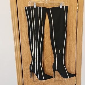 Cape Robbin Black Thigh High Boots with Metallic Stripes